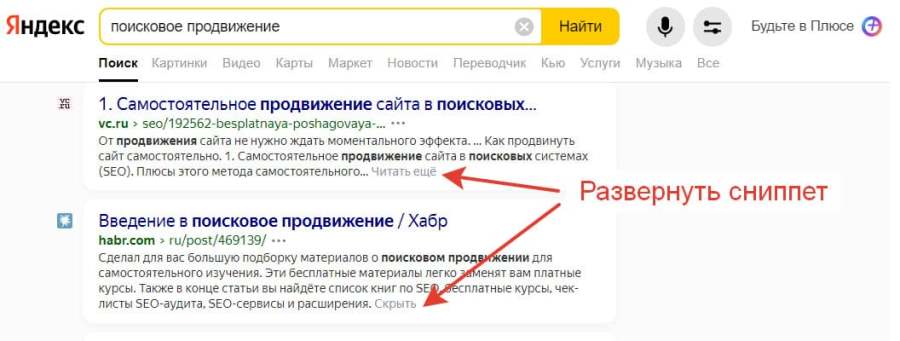 Пример сниппетов в Яндексе по запросу «поисковое продвижение»