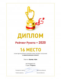 16 МЕСТО, Рейтинг Рунета - 2020