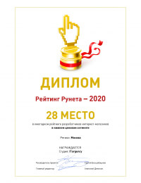 28 МЕСТО, Рейтинг Рунета - 2020