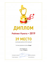 39 МЕСТО, Рейтинг Рунета - 2019